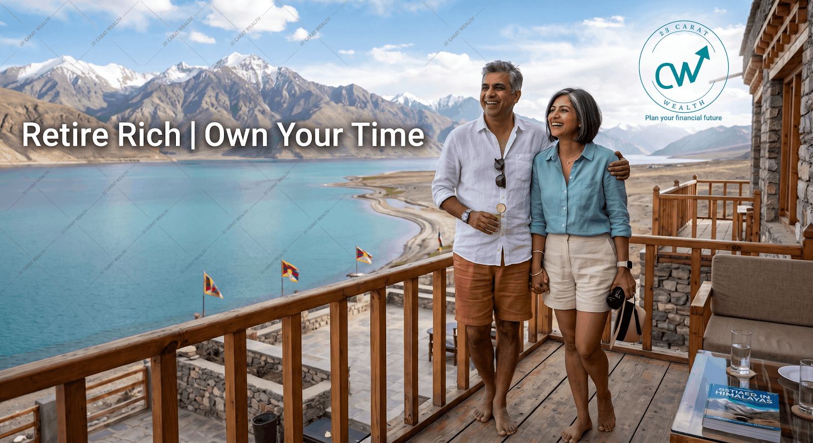 A retired couple enjoying a mountain-side holiday, funded by long-term planning